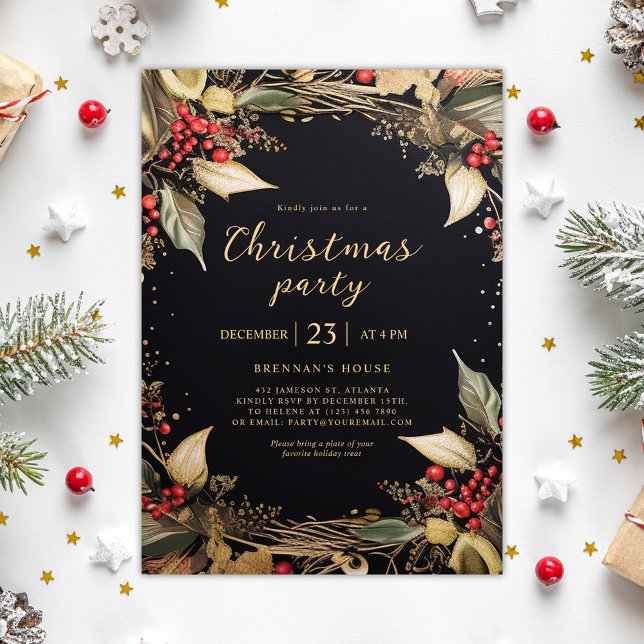 Christmas Party Botanical Black And Gold Holiday Invitation (Christmas Party Botanical Black And Gold Holiday Invitation)