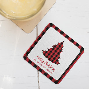 Christmas Party Buffalo Check Custom Square Paper Coaster