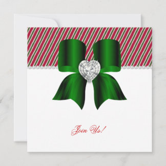 Christmas Party Candy Cane Green Jewel Bow Invite