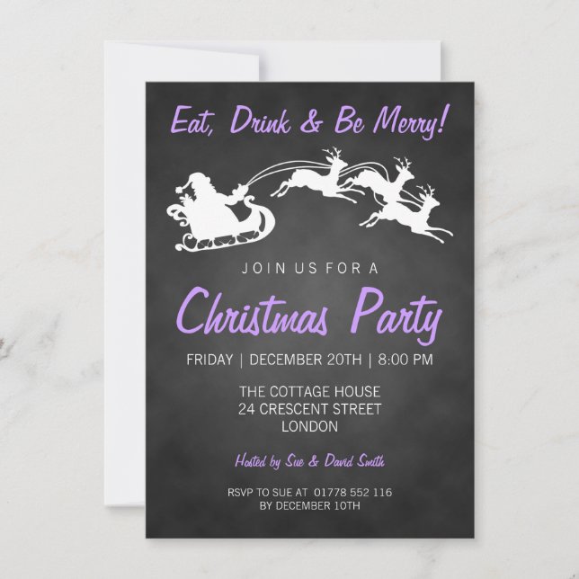 Christmas Party Chalkboard Santa Purple Invitation (Front)