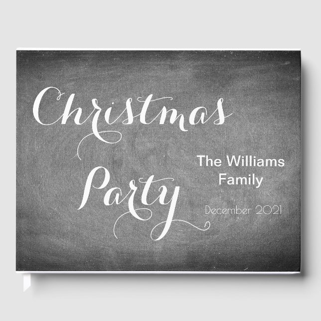 Christmas Party Chalkboard Typography Black White Guest Book (Front)