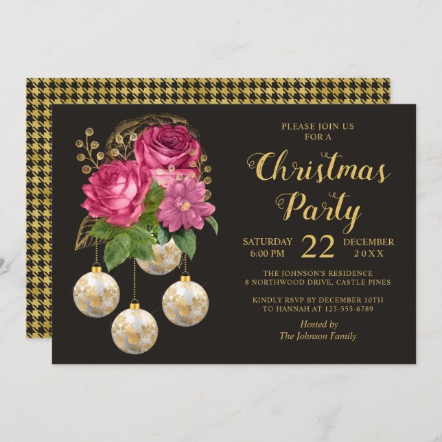 Christmas Party Chic Floral Bauble Bouquet Invitation (Front/Back)