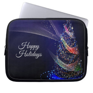 Christmas Party Colorful Tree Navy Blue Rustic Laptop Sleeve