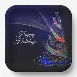 Christmas Party Colorful Tree Navy Blue Rustic Paper Plate