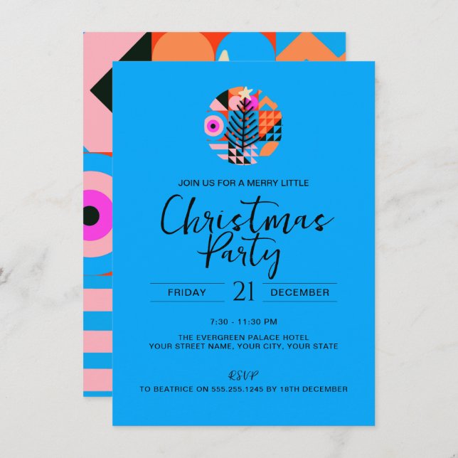 Christmas Party Colourful Geometric Pattern Blue  Invitation (Front/Back)