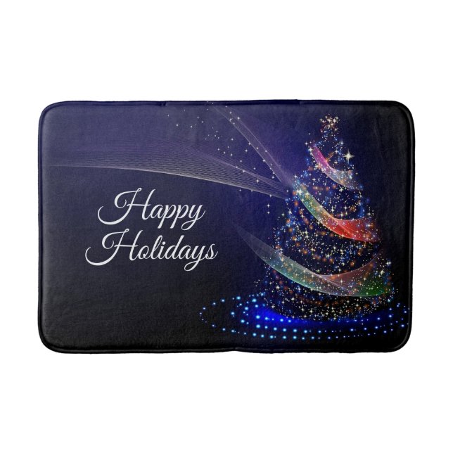 Christmas Party Colourful Tree Navy Blue Rustic Bath Mat (Front)