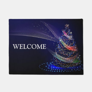 Christmas Party Colourful Tree Navy Blue Rustic Doormat