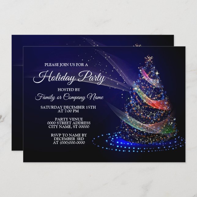 Christmas Party Colourful Tree Navy Blue Rustic Invitation (Front/Back)