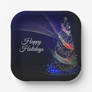 Christmas Party Colourful Tree Navy Blue Rustic Paper Plate