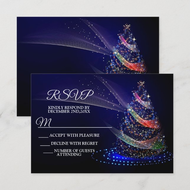 Christmas Party Colourful Tree Navy Blue Rustic RSVP Card (Front/Back)