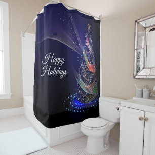 Christmas Party Colourful Tree Navy Blue Rustic Shower Curtain