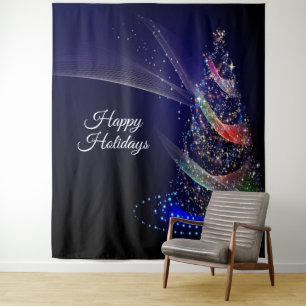 Christmas Party Colourful Tree Navy Blue Rustic Tapestry