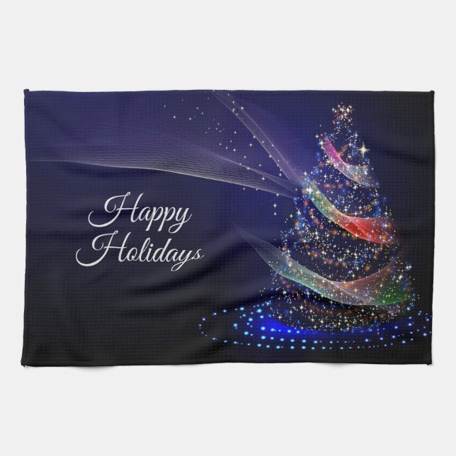 Christmas Party Colourful Tree Navy Blue Rustic Tea Towel (Horizontal)