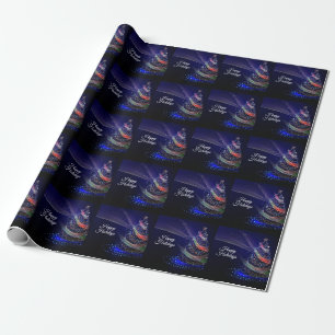 Christmas Party Colourful Tree Navy Blue Rustic Wrapping Paper