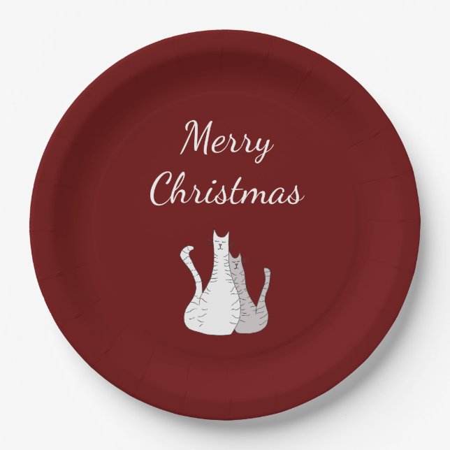 Christmas Party Cute Cats Elegant Script Red Paper Plate (Front)