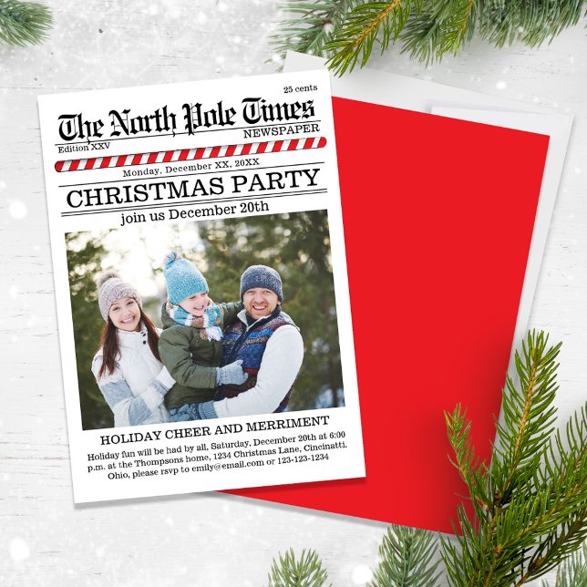 Christmas Party Cute Newspaper Custom Invitation (A Cute fun whimsical Christmas party with a fun newspaper design.)