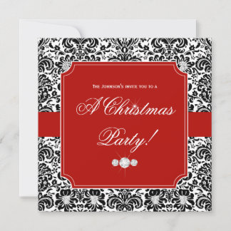 Christmas Party Damask Red Black White Invite