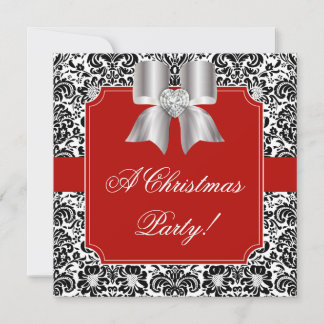 Christmas Party Damask Red Black White Jewel Bow Invitation