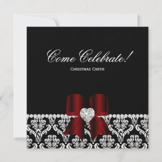 Christmas Party Damask Red BW Jewel Bow 2 Invitation