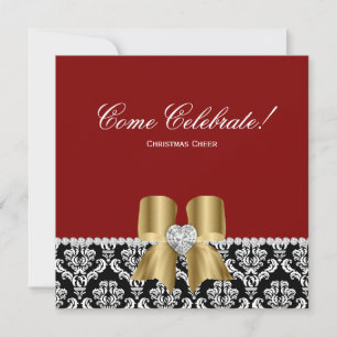 Christmas Party Damask Red BW Jewel Bow Gold Invitation