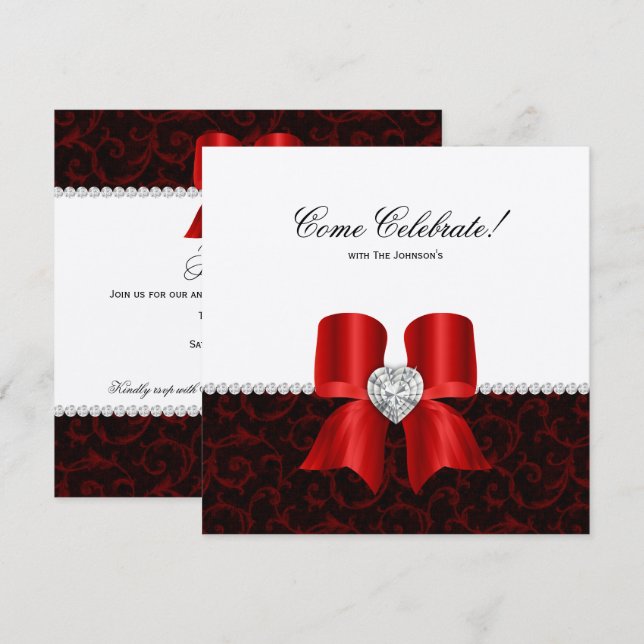 Christmas Party Damask Red Silver Jewel Bow Invite (Front/Back)