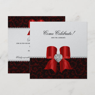 Christmas Party Damask Red Silver Jewel Bow Invite