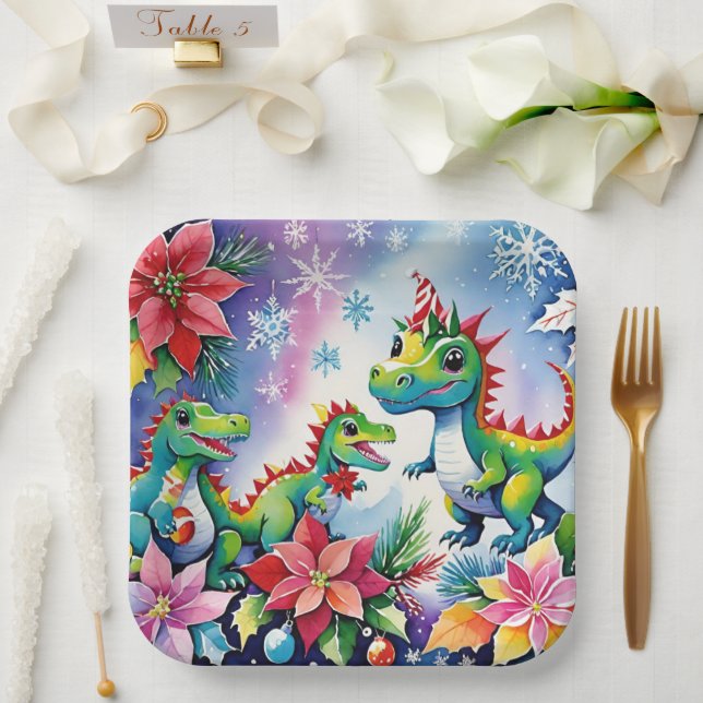 Christmas Party Dinosaurs Paper Plate (Wedding)
