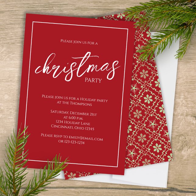 Christmas Party Elegant Red Green Snowflake Modern Invitation (Simple green snowflake Christmas party invitation with a red background. )