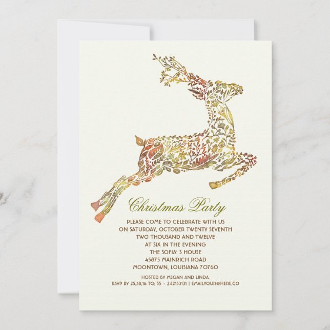 Christmas Party Floral Deer Vintage Holidays Invitation (Front)