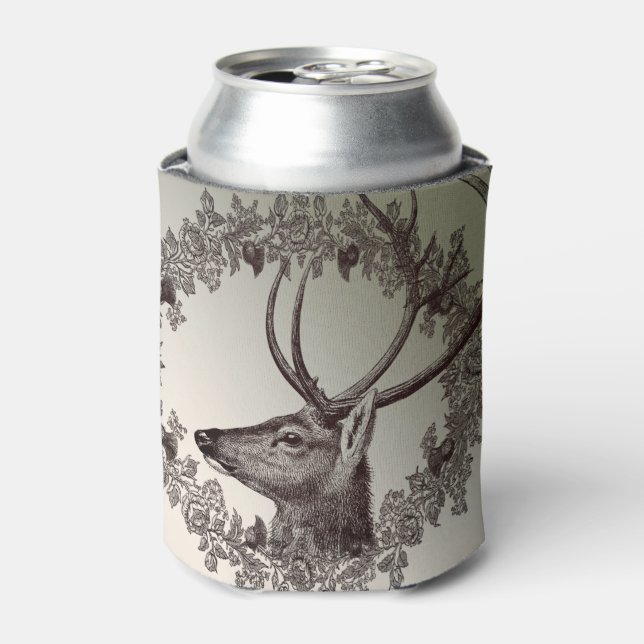 Christmas Party Floral Reindeer Golden Winter Can Cooler (Can Front)