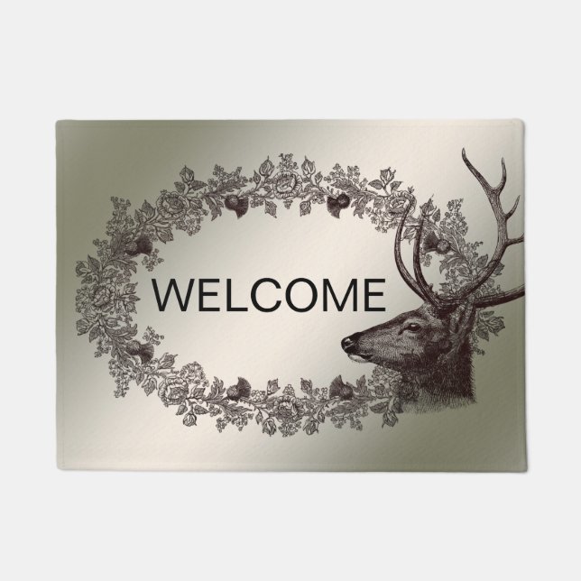 Christmas Party Floral Reindeer Golden Winter Doormat (Front)