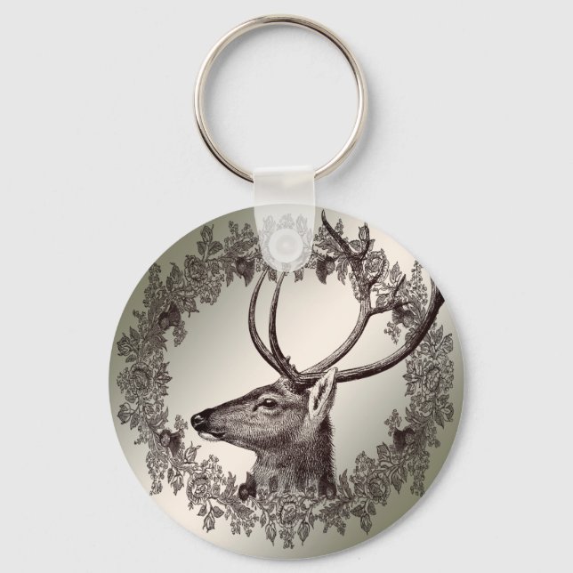 Christmas Party Floral Reindeer Golden Winter Key Ring (Front)