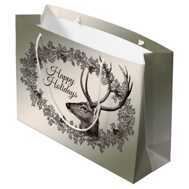 Christmas Party Floral Reindeer Golden Winter Large Gift Bag (Back Angled)