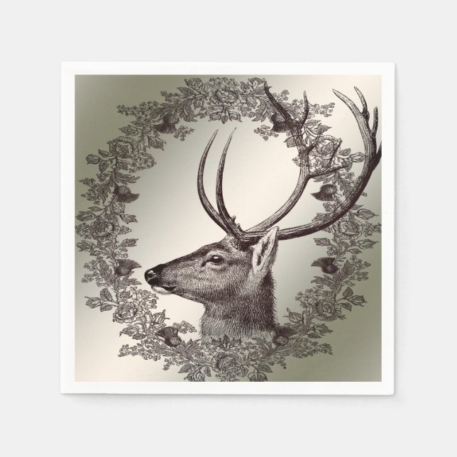 Christmas Party Floral Reindeer Golden Winter Napkin (Front)