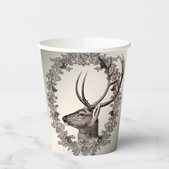 Christmas Party Floral Reindeer Golden Winter Paper Cups (Left)
