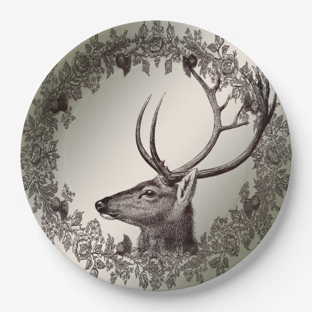 Christmas Party Floral Reindeer Golden Winter Paper Plate (Front)