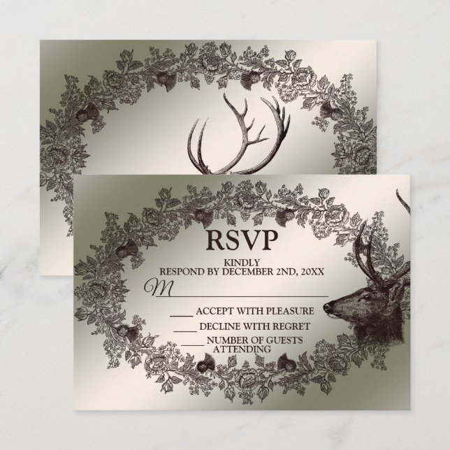Christmas Party Floral Reindeer Golden Winter RSVP Card (Front/Back)