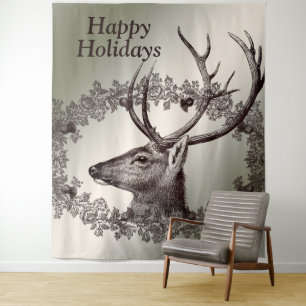 Christmas Party Floral Reindeer Golden Winter Tapestry
