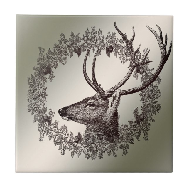 Christmas Party Floral Reindeer Golden Winter Tile (Front)