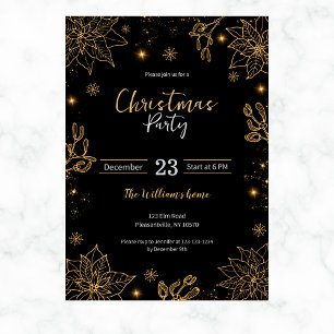 Christmas Party Flowers & Stars   Black & Gold Invitation