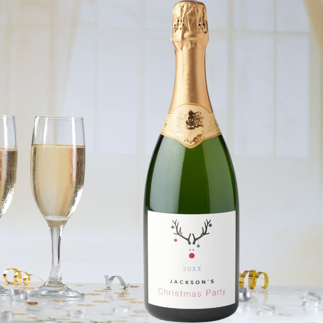Christmas party funny reindeer white red cute sparkling wine label (Creator Uploaded)