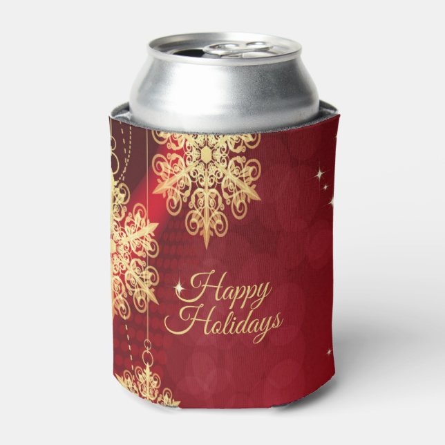Christmas Party Gift Red Golden Snowflakes Holiday Can Cooler (Can Front)