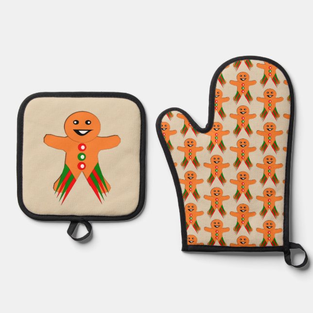 Christmas Party Gingerbread Man Oven Mitt & Pot Holder Set (Front)