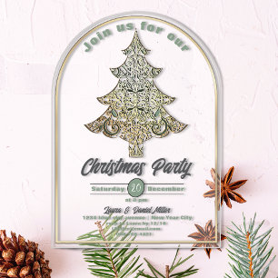 Christmas party gold & catnip green filigree tree acrylic invitations