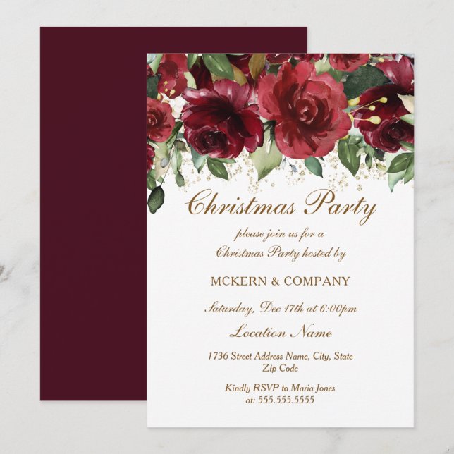 Christmas Party Gold Glitter Burgundy Floral Invitation (Front/Back)