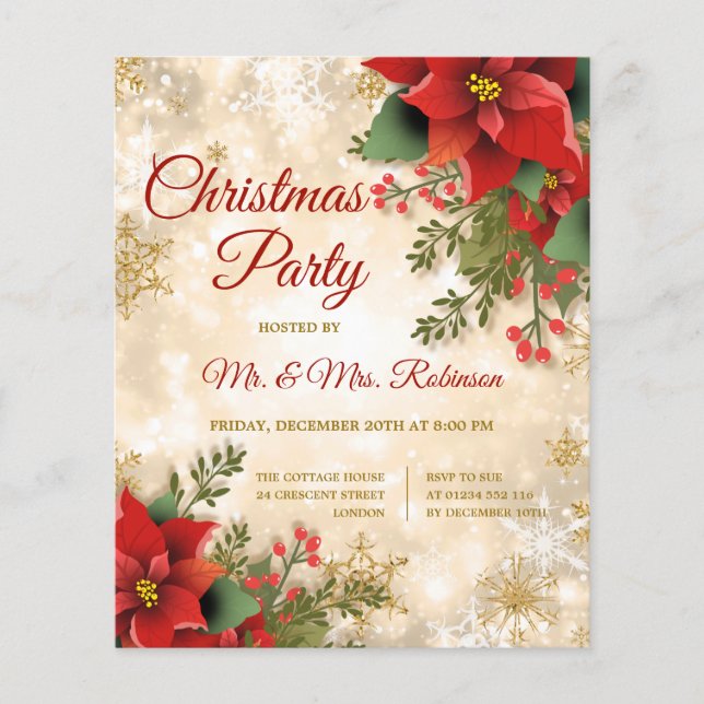 Christmas Party Gold Sparkle Red Poinsettia  Flyer (Front)