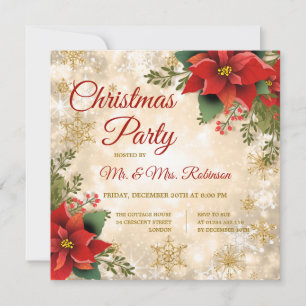 Christmas Party Gold Sparkle Red Poinsettia Invitation