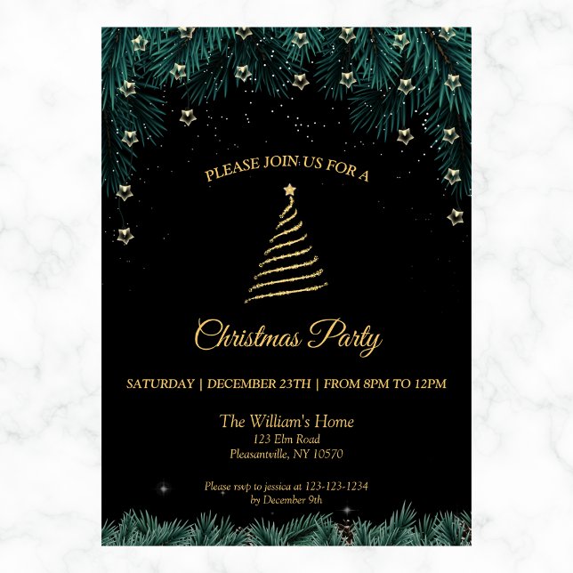 Christmas Party | Gold Tree, Stars & Pine Branches Invitation (Creator Uploaded)
