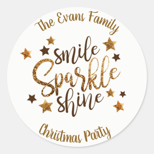 Christmas Party Gold White Classic Round Sticker (Front)