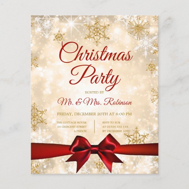 Christmas Party Gold Winter Sparkle Red Ribbon Flyer (Front)